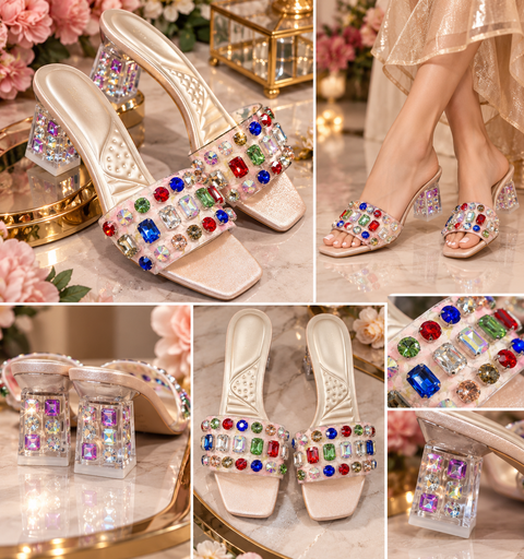 Elegant party heels with a soft champagne-gold finish, sparkling multi-colour crystal work on the front strap, and a stylish transparent block heel with crystal detailing. Perfect for weddings, parties and festive wear.