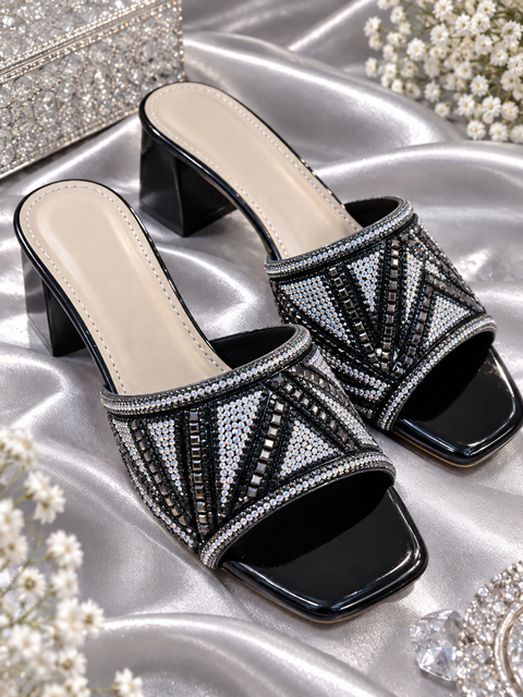 Stylish black block heels with sparkling silver stone and bead work. Elegant, comfortable and perfect for parties, weddings and festive wear.