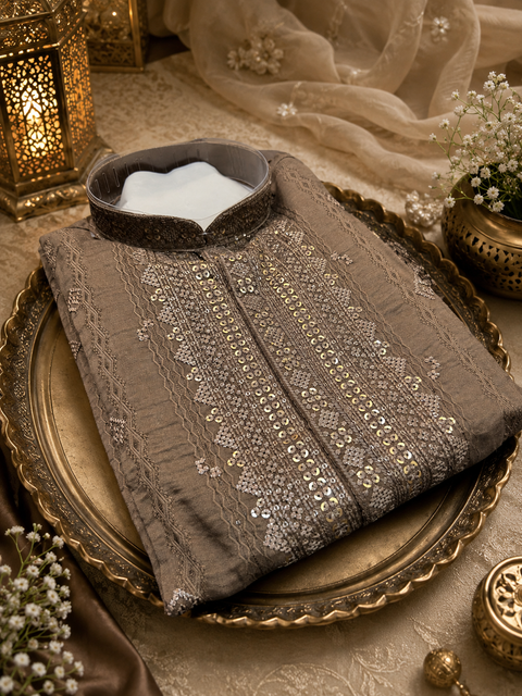 Soft malmal based beautiful embroidery work with sequins work designer Kurta with golden Pajama (slight variation in color and design is possible)