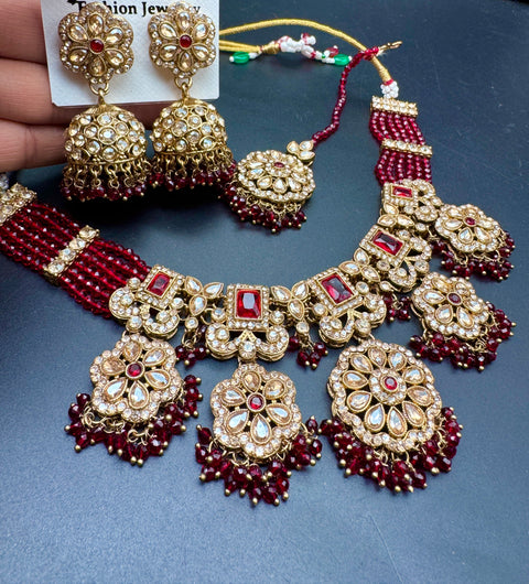 Original Polki stone with pearls beaded work beautiful necklace with jhumka and tikka set