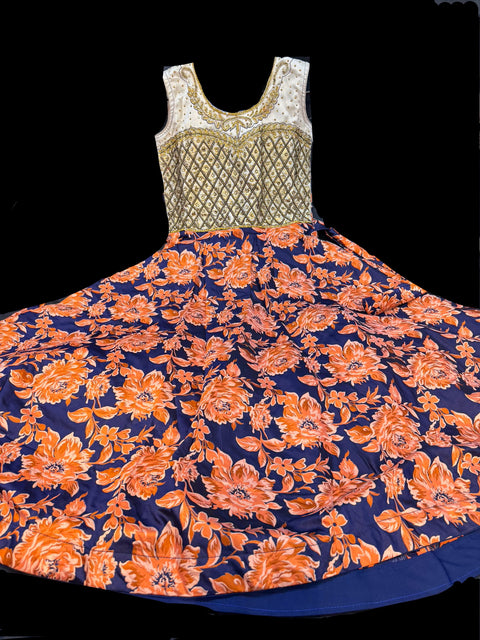 Stonework with Blue & Orange colour beautiful brocade silk print gown