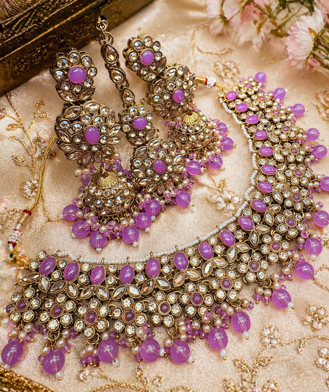 Polki stone with pearls beaded work beautiful necklace with jhumka and tikka set