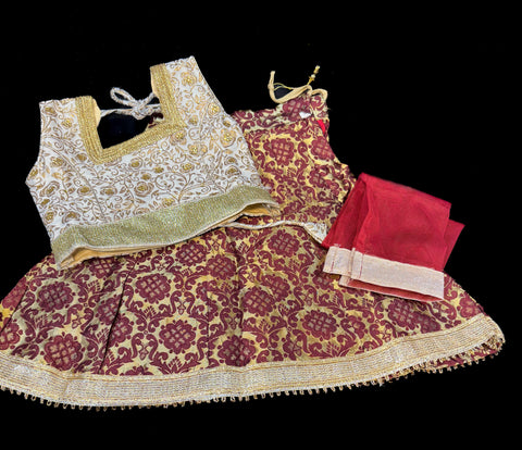Brocade silk blouse with printed brocade silk lehnga & netting dupatta