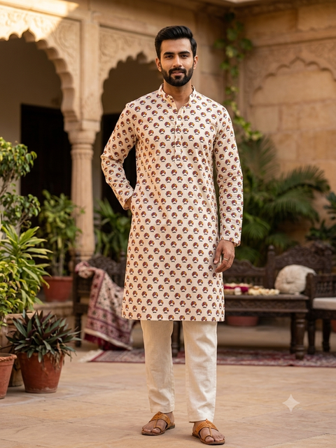 Pure cotton based Men’s Printed kurti (sizes mentioned in inches ,not according to the label on Kurti)size 44kurti- Length 40 inches and size 46-length 42 inches )(Kurti only. Pants not included.