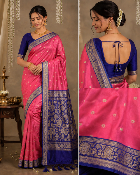 Plain silk Saree with contrast zari border and contrast plain Blouse, Model-Worn Blouse Is For Reference Only. Unstitched Blouse Piece Is Attached With Saree(Slight Variation In Color & Design Is Possible)