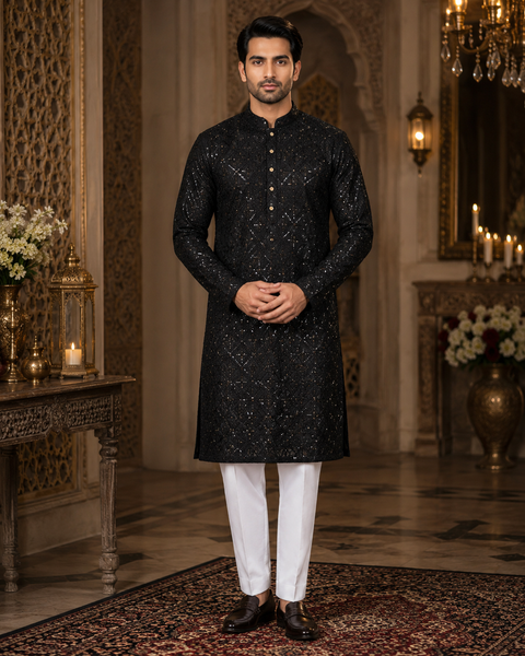 Pure Rayon Based Beautiful heavy Embroidery Work At Front And Back With Sequins Work Designer Kurta & White Pants (slight variation in color and design is possible)