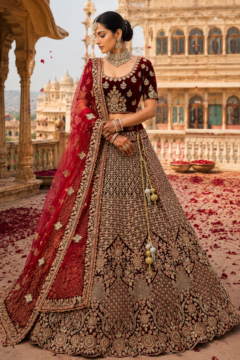 Maroon colour velvet based beautiful embroidery work with heavy fine stones silver work  very heavy 3 layered ken ken super heavy Designer Bridal Lehnga with heavy tessels attached to blouse & Lehnga with heavy work lace beaded dupatta (SIZE 40 (upto 46))