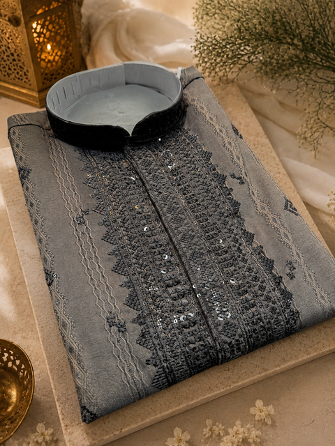 Soft malmal based beautiful embroidery work with sequins work designer Kurta with golden Pajama (slight variation in color and design is possible)