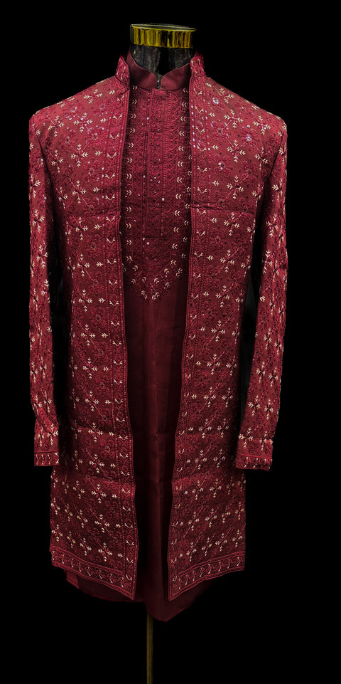 (Video clip attached)Maroon Raw silk based heavy embroidery work with all over sequinned work Jacket style Mens classy Indo western with (half sleeves Kurta ) and Pants