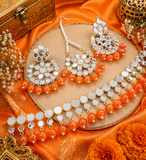 Pearls With mirror Work Necklace Set With Earrings & Tikka