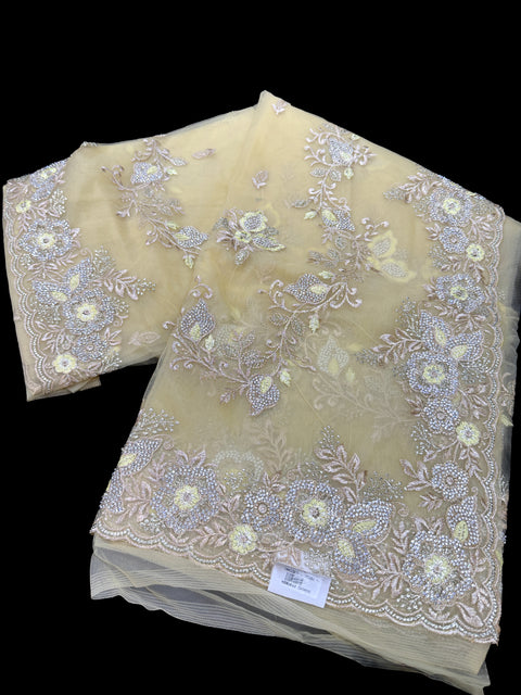 (Video Clip attached )Heavy work designer Saree with netting base fabric and stones work design all over with heavy embroidery work