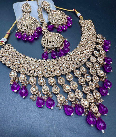Original Polki stone with pearls beaded work beautiful necklace with jhumka and tikka set