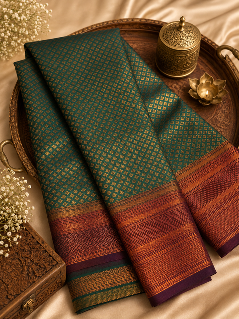 Premium South Silk Saree with rich zari weaving and contrast woven pallu. featuring elegant dual-tone shades.Model-worn blouse is for reference only. Unstitched blouse piece is attached with saree(slight variation in color & design is possible)