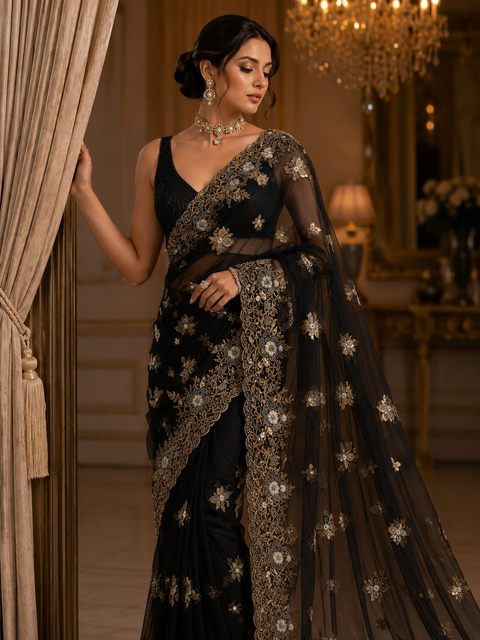 Black Heavy work designer Saree with netting base fabric and stones work design all over with heavy embroidery.The Blouse Worn By The Model Is For Reference Purposes Only. The Actual Blouse Piece Comes Attached With Saree(Slight Variations Are Possible)