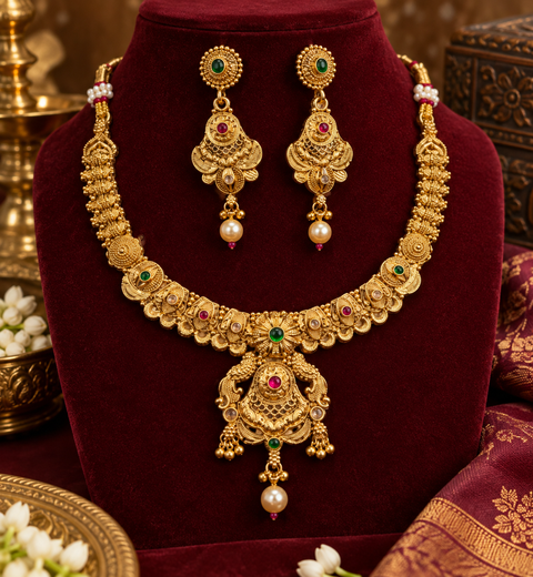 Elegant matte gold-finish Temple Jewellery Set with beautifully detailed peacock designs and stone accents. Comes with matching jhumka earrings(slight variation in color & design may occur)