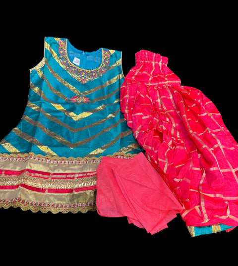 Teal & Pink colour silk based kids punjabi suit