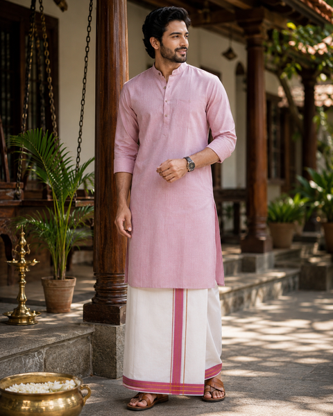 Woven Cotton Kerala Mundu / Dhoti in White ( 4 mtrs )Kurta not included,slight variation is possible