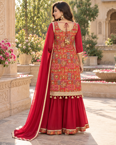 Silk-blend patchwork kameez with mirror & stone work, paired with a flowy circular palazzo and plain georgette dupatta with golden border. Slight variation in colour/design possible