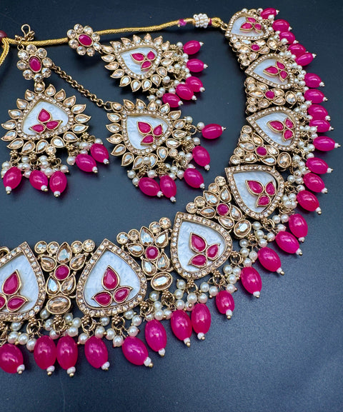 Original Polki stone with pearls beaded work beautiful necklace with earrings and tikka set