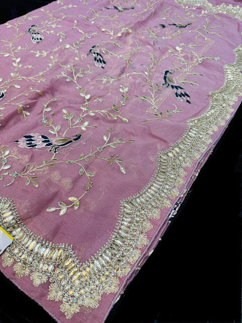 Crepe Pink color Pure And Very Soft Organza Georgette Based Embroidery Work Jaal All Over With Stone Work & Gotta Patti Beautiful Saree