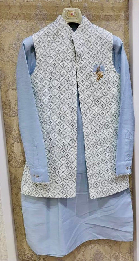 Brocade silk designer jacket with plain kurta and pants