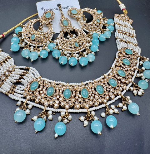 Polki stone with pearls beaded work beautiful choker style necklace with jhumka and tikka set