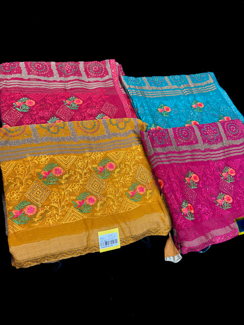 Beautiful Bandhani print work with Stones and embroidery design beautiful very soft Georgette Saree
