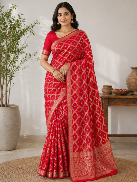 Pure chiffon based Beautiful zari work Banarasi look Saree (Blouse Shown Is For Reference Only.The Blouse Piece Is Included With Saree As Unstitched)
