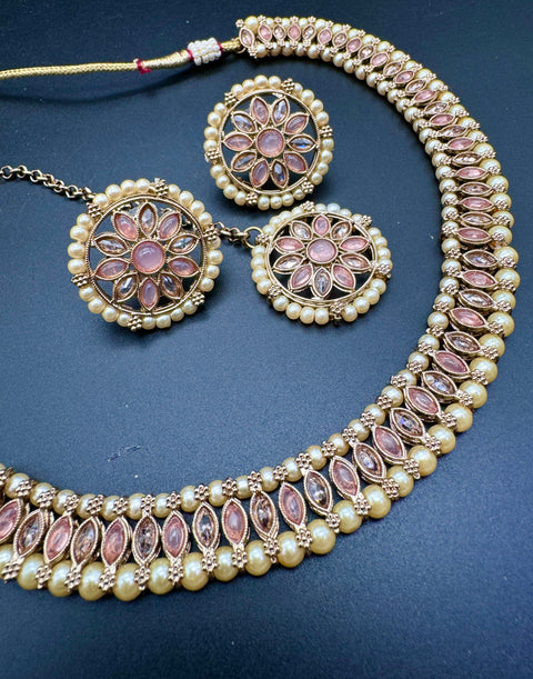 Polki And Pearls Work Beautiful Necklace Set With studs & Tikka