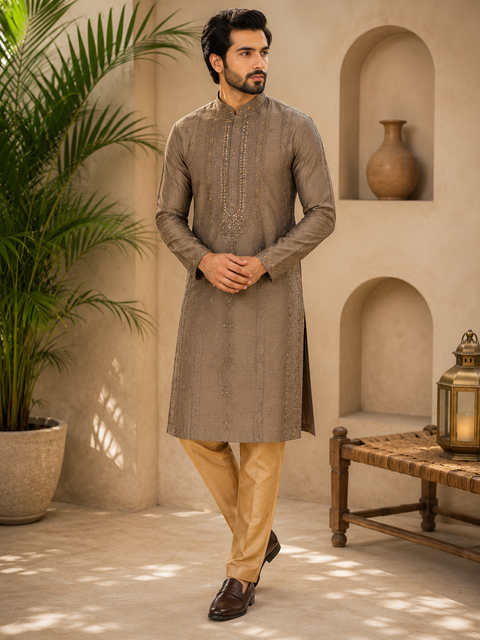 Soft malmal based beautiful embroidery work with sequins work designer Kurta with golden Pajama (slight variation in color and design is possible)