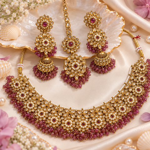 Beautifully crafted with sparkling golden stones, Polki-look stones, and colourful beads. Slight variations in colour and design are possible.