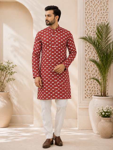 Pure Cotton Based Men’s Printed Kurti (Sizes Mentioned In Inches ,Not According To The Label On Kurti) Size 44 Kurti- Length 40 Inches And Size 46-Length 42 Inches )