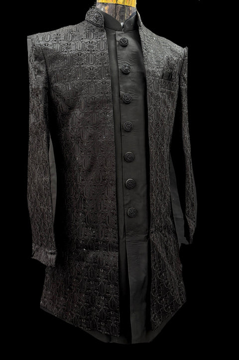 (Video clip attached)Black Raw silk based heavy embroidery work with all over sequinned work Jacket style Mens classy Indo western with (half sleeves Kurta ) and Pants