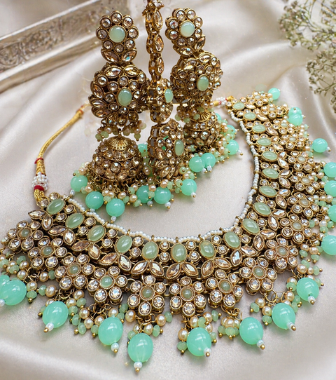 Polki stone with pearls beaded work beautiful necklace with jhumka and tikka set