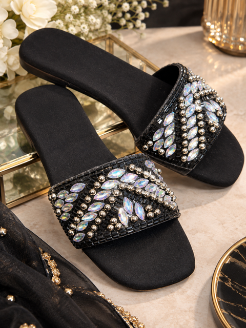 Beautiful Black flats with sparkling stones, crystals and elegant detailing for a classy festive look. Designed with a soft, comfortable wear.