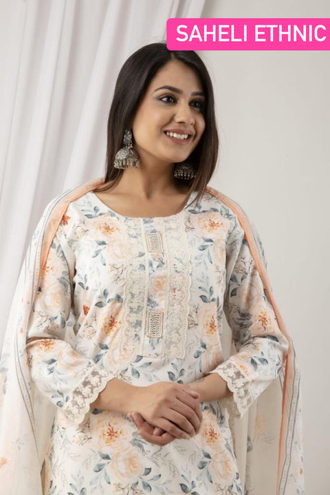 PURE & SOFT KHADI COTTON BASED DESIGNER EMBROIDERED & PRINTED WORK KURTI WITH PLAZO PANTS & DUPATTA