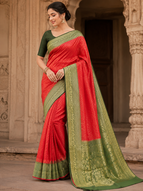 Premium soft Silk Saree with rich zari weaving and contrast woven pallu. featuring elegant dual-tone shades.Model-worn blouse is for reference only. Unstitched blouse piece is attached with saree(slight variation in color & design is possible)