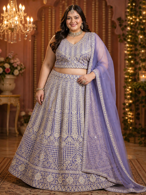 Plus size Netting based heavy embroidery with mirror work designer blouse with heavy flared lehnga and netting based sequined work dupatta