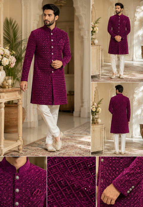 Luxurious Purple Wine sequin embroidered sherwani with intricate geometric detailing, crafted for a bold and sophisticated wedding celebration look. Slight variation in color and design may occur.