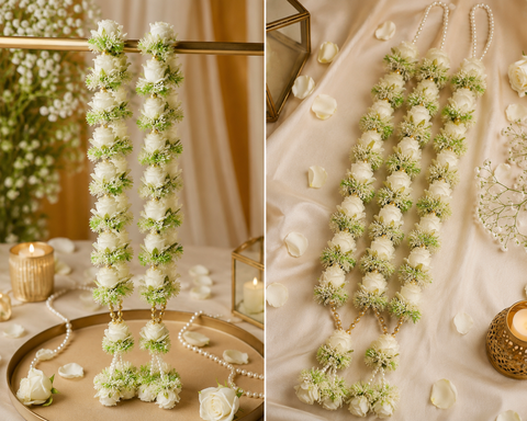 Beautifully White crafted flowers and pearls Varmala / Jailmala , featuring elegant floral detailing and rich traditional accents. A perfect choice to add a vibrant and graceful touch to your special wedding ceremony.(comes in one pair)