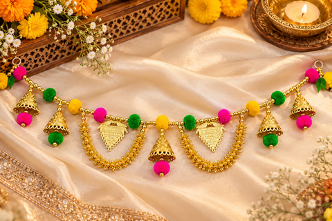 Festive Diwali Door Toran – Beautifully designed with colourful pom-poms, pearl detailing and elegant golden hanging accents. Slight variation in colour and design may occur
