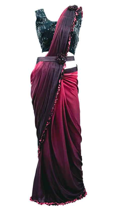 Size 38 (Upto 40) sequined work designer readymade blouse with Readymade Saree with handwork designer waist belt