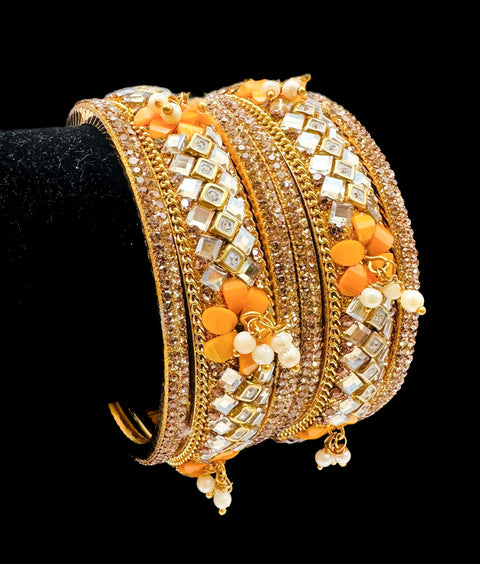 Beautiful fine stone with Crystal stone and pearls hanging designer Brass Bangles set (Sample picture attached at end to show it can be customised with plain Velvet or Metal Bangles)