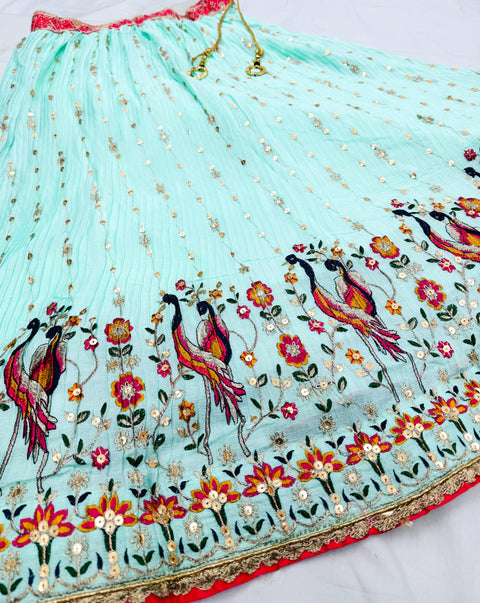 Peacock embroidery work lehnga with embroidery work beautiful Blouse and Pakistani multicoloured dupatta