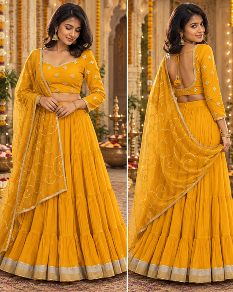 Mustard Yellow Georgette Lehenga Set – crafted in flowy georgette fabric with elegant mirror-work detailing on the blouse. Paired with a matching georgette dupatta featuring delicate sequin work.Slight variation in colour/design possible
