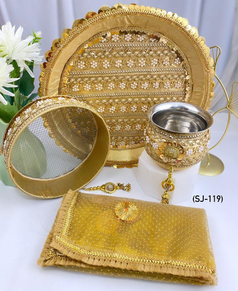 Decorated Karwachauth Thali Set (Thali, Channi, Lota(Kalash) Chunri )(Video Clip Attached )