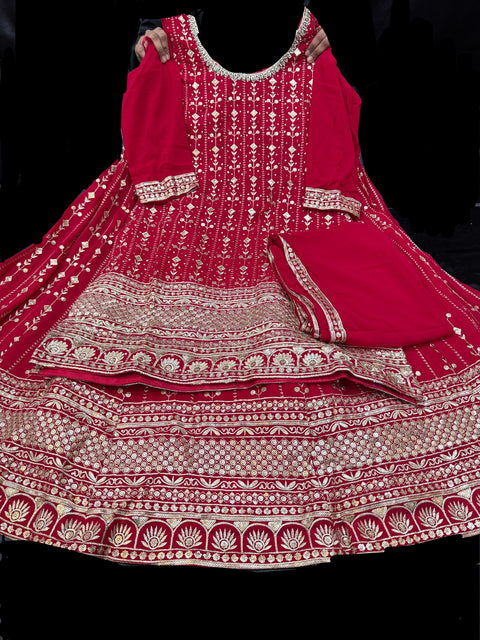 Georgette based All over embroidery with sequined work heavy design long kameez with heavy work multiflared lehnga and georgette dupatta