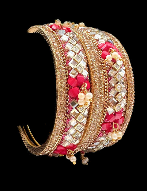 Beautiful fine stone with Crystal stone and pearls hanging designer Brass Bangles set (Sample picture attached at end to show it can be customised with plain Velvet or Metal Bangles)