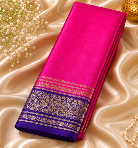 Plain silk Saree with contrast zari border and contrast plain Blouse, Model-Worn Blouse Is For Reference Only. Unstitched Blouse Piece Is Attached With Saree(Slight Variation In Color & Design Is Possible)