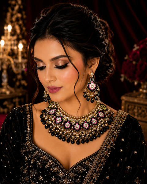 Black colour beautiful meenakari work with kundan stones & beads pearls necklace set (slight variation in color and design is possible)